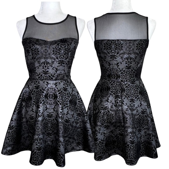 TRIXXI Dress Illusion Mesh Fit and Flare Velvet Flocked Goth Black Silver Small - Picture 1 of 16